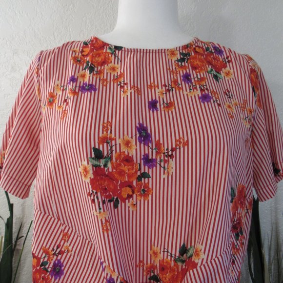 Stripe Floral Front Tie Boho Women's Top Sz M - Picture 2 of 9